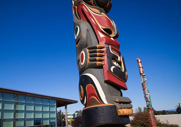 Story pole in front of a building under a blue sky.