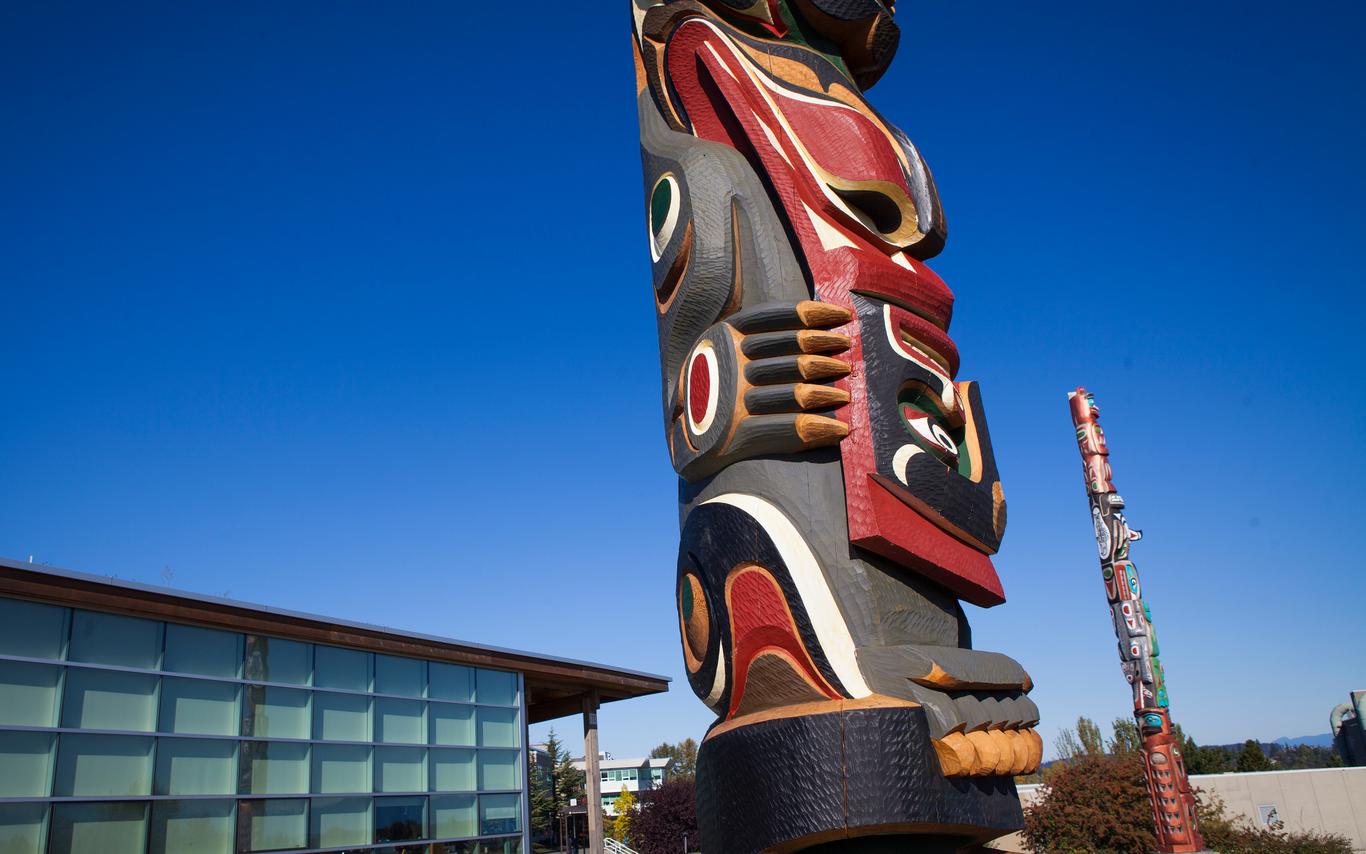 Story pole in front of a building under a blue sky. 
